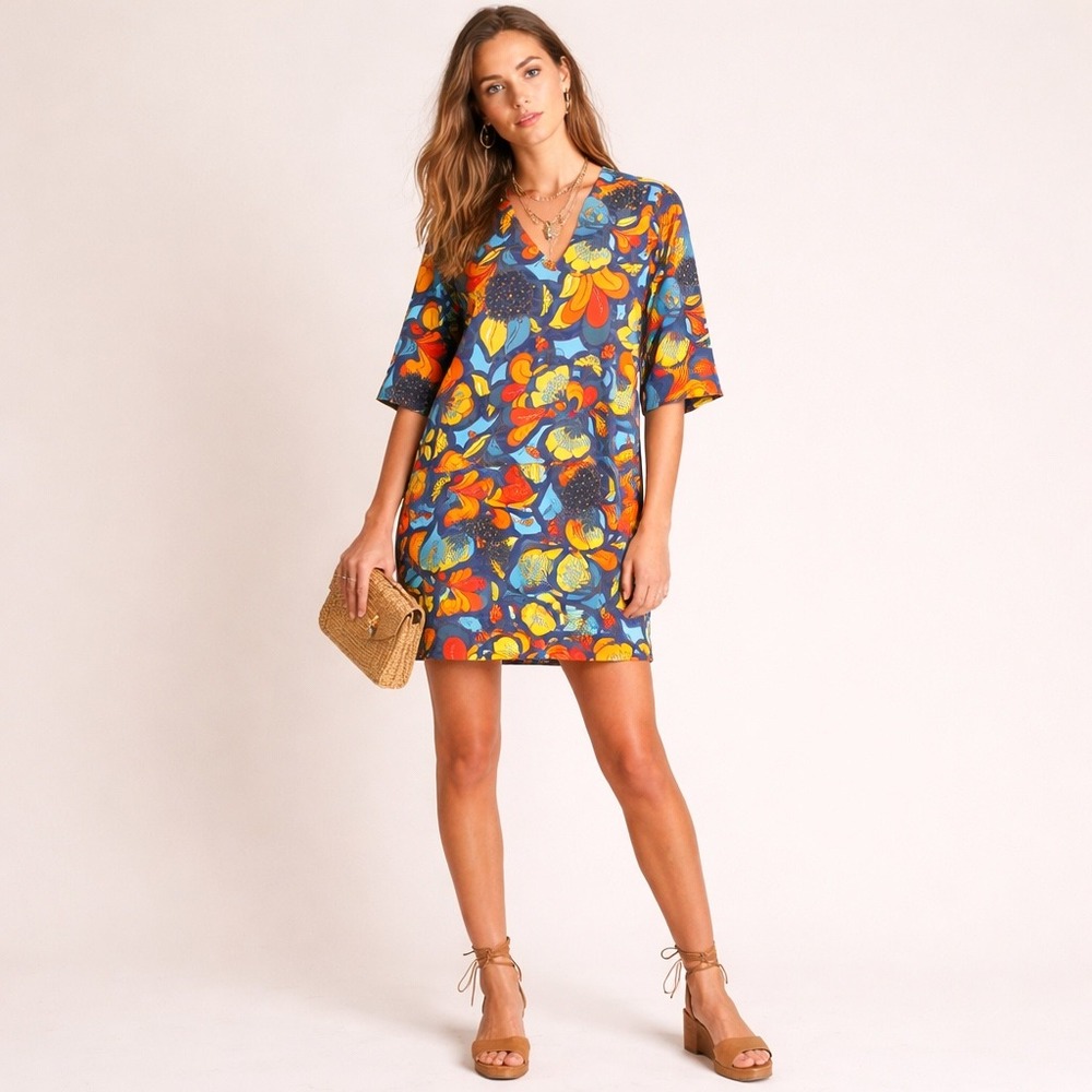 Lesley Evers Maeve Mini Dress Floral Flourish Orange Navy Boho Mod Retro Size XS